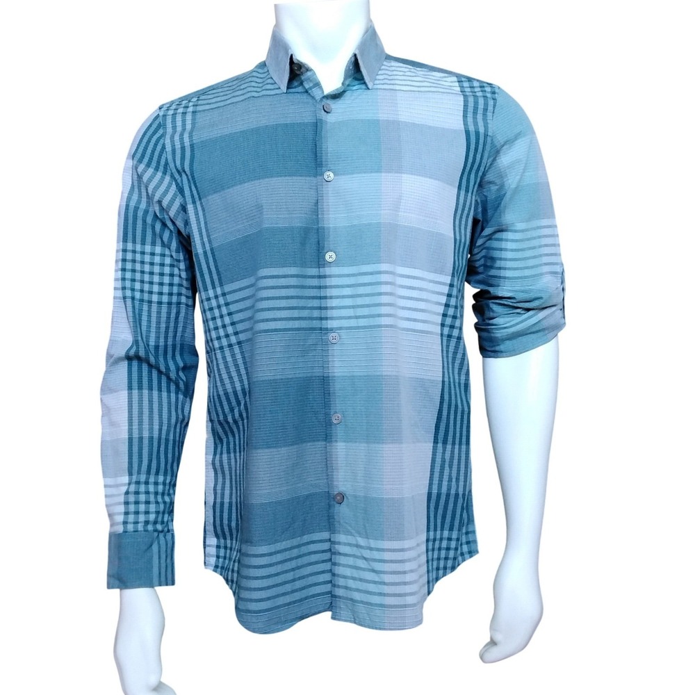 Alfani Mens Button Down Shirt Medium Teal Blue Plaid 100% Cotton Long Sleeve